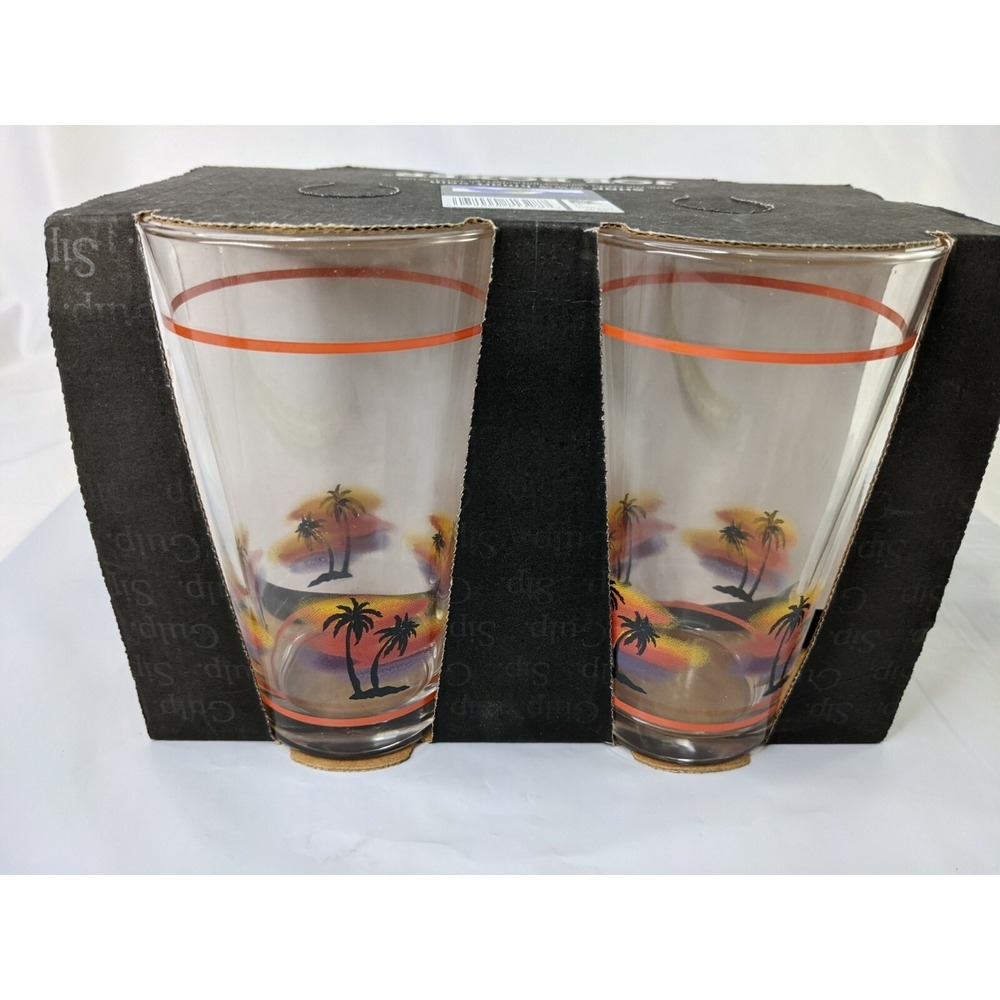 Joe Boxer Palm‎ Trees Sunset Glasses Cup Lot of 4 16 oz Drinkware